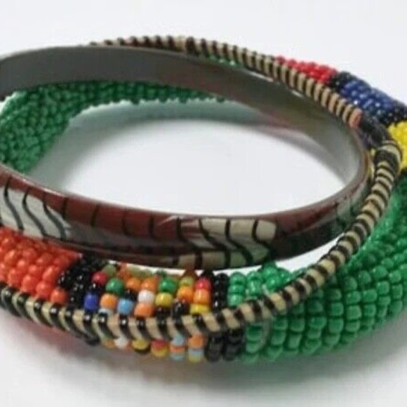 BUNDLE: African Patterned Beaded Painted Bangle Bracelet Trios (Multiple Colors) - Picture 7 of 12